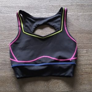 BuffBunny Black Sports Bra with Pink, Blue, and Yellow Trim
